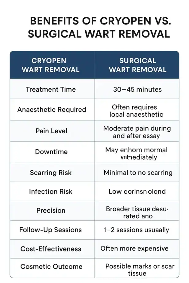 Table showing the benefits of cryopen to remove warts Market Drayton compared to surgical treatment